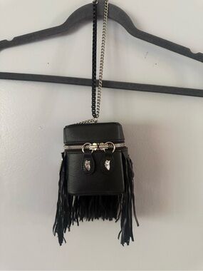 Lucky Chouette Black Leather Mini Fringe Crossbody Bag Y2K Punk Boho Vanity Case